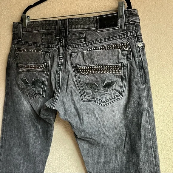 Robin's Jean Men's Raw Denim Straight Leg Black Jeans with Studs, size 38